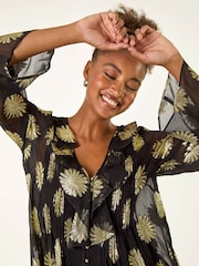 Roman Black Floral Jacquard Frill Buttoned Blouse - Image 4 of 5