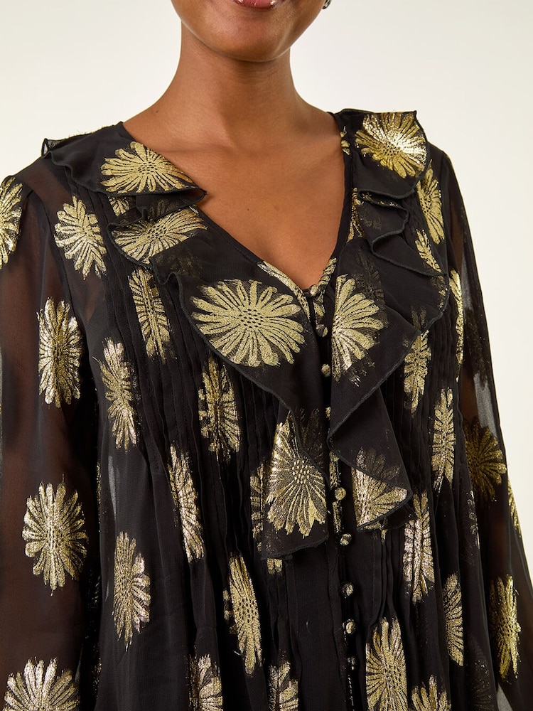 Roman Black Floral Jacquard Frill Buttoned Blouse - Image 5 of 5 Roman Black Floral Jacquard Frill Buttoned Blouse - Image 5 of 5