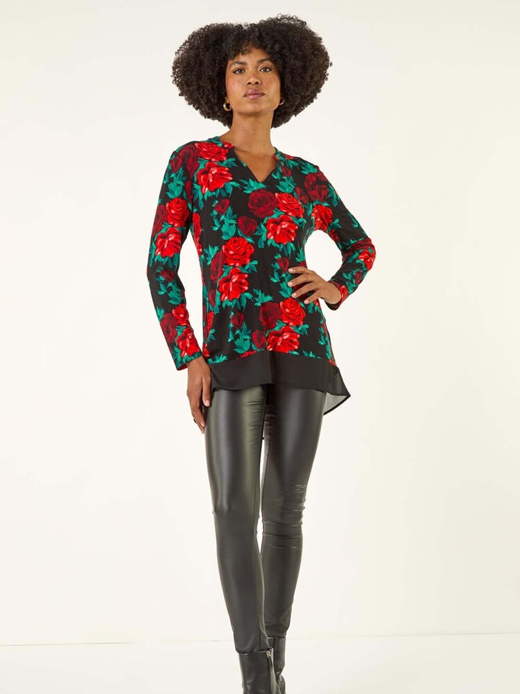 Roman Red Floral Print V-Neck Chiffon Shirt - Image 2 of 5 Roman Red Floral Print V-Neck Chiffon Shirt - Image 2 of 5