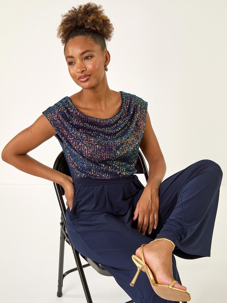 Roman Blue Sequin Bodice Cowl Neck Jumpsuit - Image 1 of 5