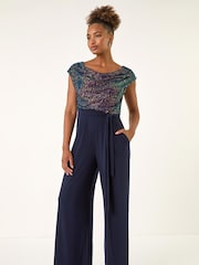 Roman Blue Sequin Bodice Cowl Neck Jumpsuit - Image 2 of 5