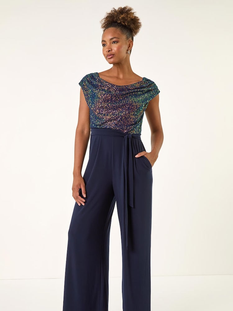 Roman Blue Sequin Bodice Cowl Neck Jumpsuit - Image 2 of 5 Roman Blue Sequin Bodice Cowl Neck Jumpsuit - Image 2 of 5