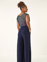 Roman Blue Sequin Bodice Cowl Neck Jumpsuit - Image 3 of 5