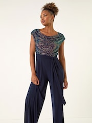 Roman Blue Sequin Bodice Cowl Neck Jumpsuit - Image 4 of 5