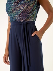 Roman Blue Sequin Bodice Cowl Neck Jumpsuit - Image 5 of 5