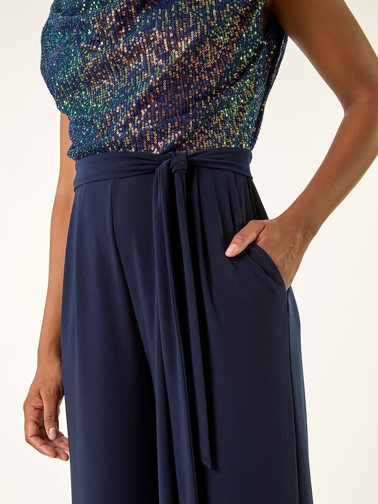 Roman Blue Sequin Bodice Cowl Neck Jumpsuit - Image 5 of 5 Roman Blue Sequin Bodice Cowl Neck Jumpsuit - Image 5 of 5
