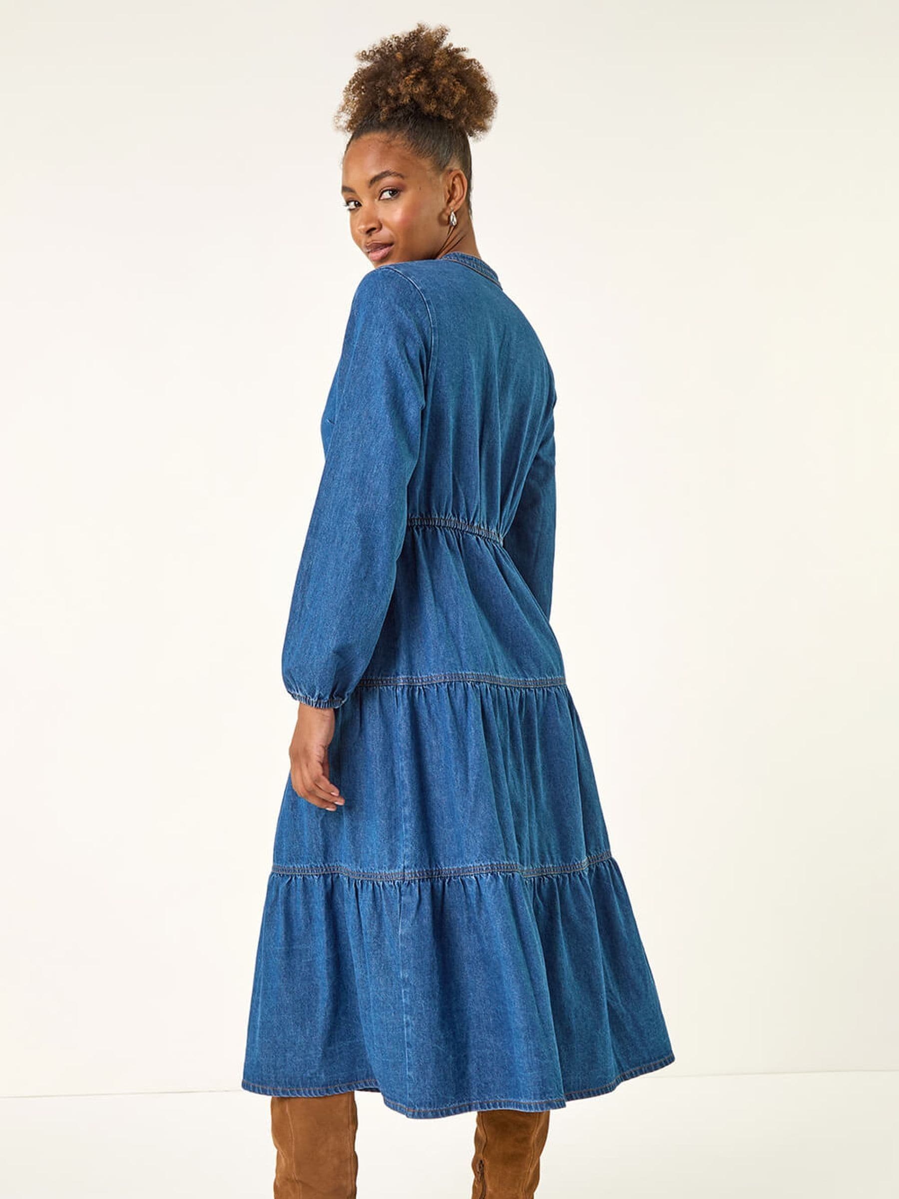 Buy Roman Blue Cotton Denim Tiered Midi Dress from Next South Africa