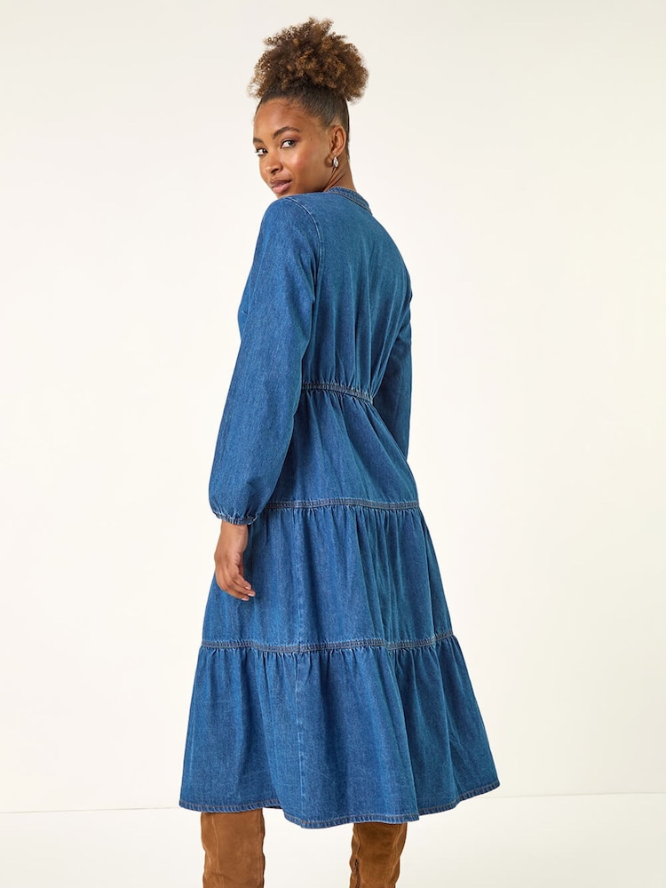 Buy Roman Blue Cotton Denim Tiered Midi Dress from Next USA