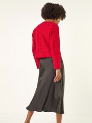 Roman Red Collarless Buttoned Boucle Jacket - Image 3 of 5