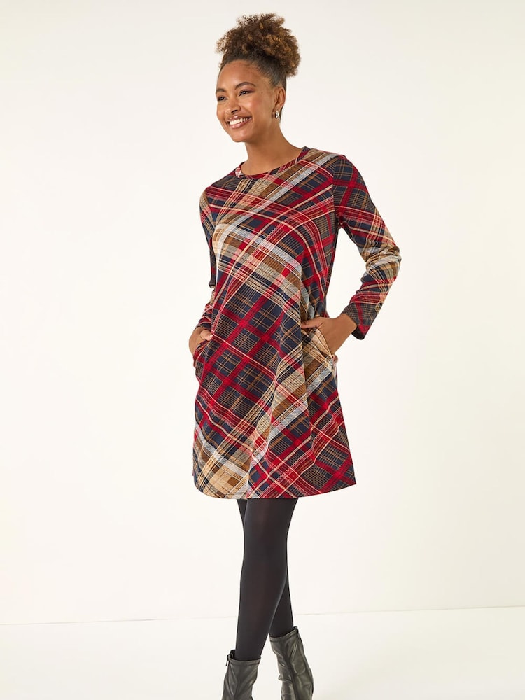Roman Red Check Print Swing Pocket Dress - Image 1 of 5 Roman Red Check Print Swing Pocket Dress - Image 1 of 5