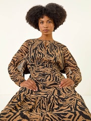 Roman Brown Zebra Print Keyhole Midi Dress - Image 1 of 5