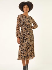 Roman Brown Zebra Print Keyhole Midi Dress - Image 3 of 5