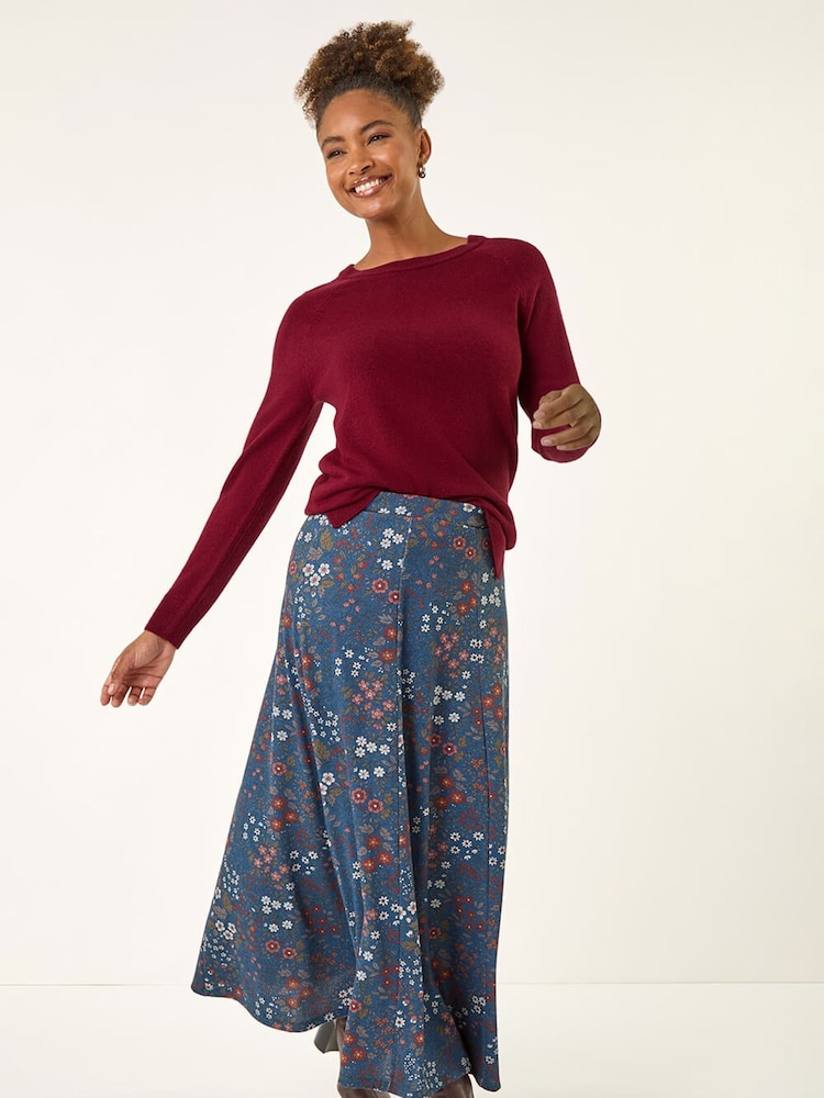 Roman Blue Ditsy Floral Print Stretch Skirt - Image 2 of 5 Roman Blue Ditsy Floral Print Stretch Skirt - Image 2 of 5
