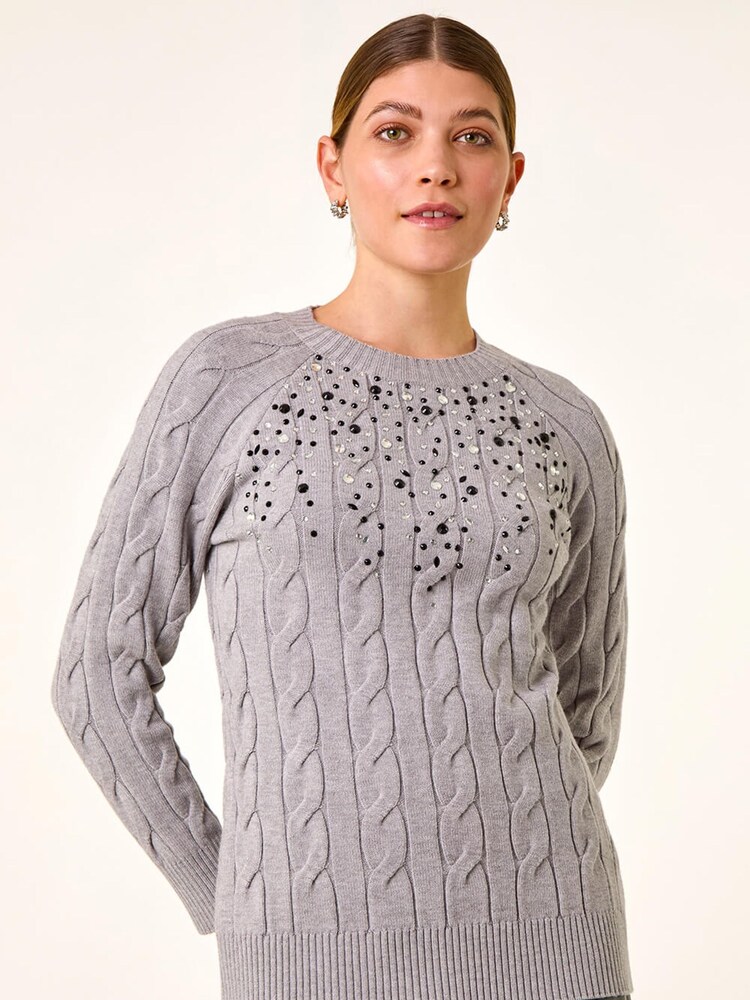 Roman Grey Embellished Cable Knit Jumper - Image 1 of 5