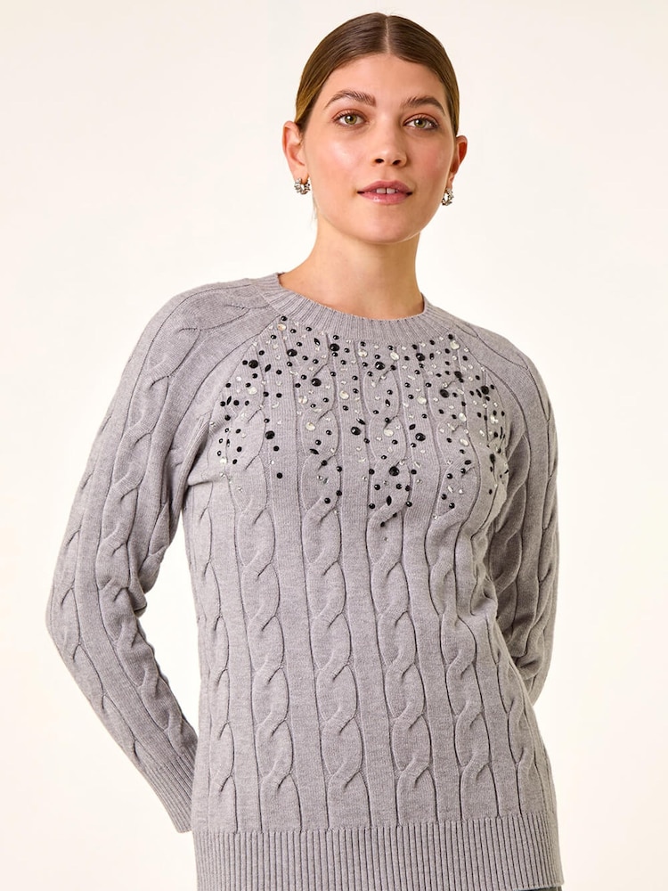 Roman Grey Embellished Cable Knit Jumper - Image 1 of 5 Roman Grey Embellished Cable Knit Jumper - Image 1 of 5