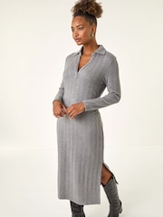 Roman Grey Collar Ribbed Knit Midi Dress - Image 1 of 5