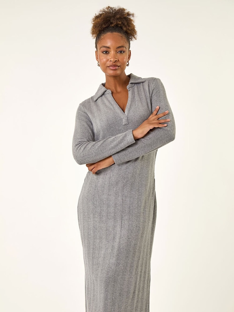 Roman Grey Collar Ribbed Knit Midi Dress - Image 2 of 5 Roman Grey Collar Ribbed Knit Midi Dress - Image 2 of 5