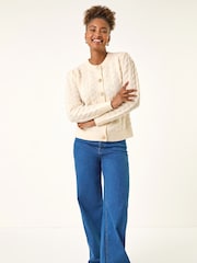 Roman White Textured Buttoned Knit Cardigan - Image 3 of 5