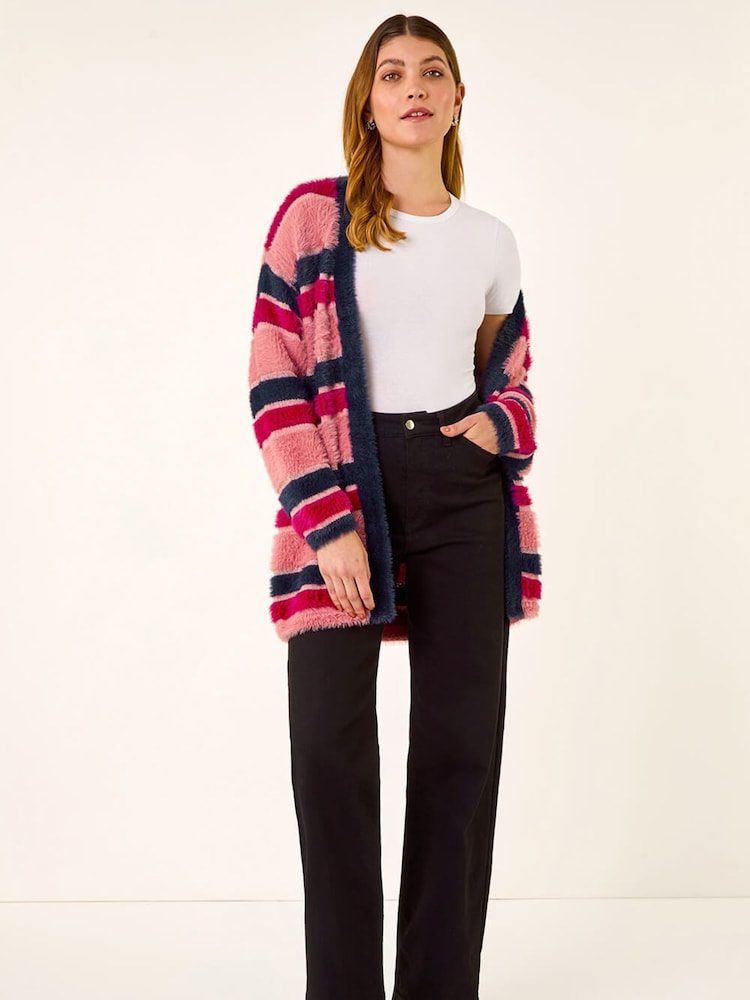 Roman Pink Fluffy Stripe Knit Cardigan - Image 1 of 5 Roman Pink Fluffy Stripe Knit Cardigan - Image 1 of 5