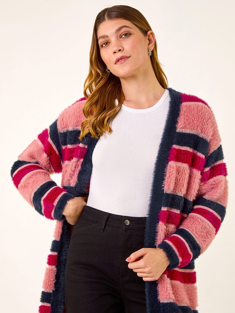 Roman Pink Fluffy Stripe Knit Cardigan - Image 2 of 5 Roman Pink Fluffy Stripe Knit Cardigan - Image 2 of 5