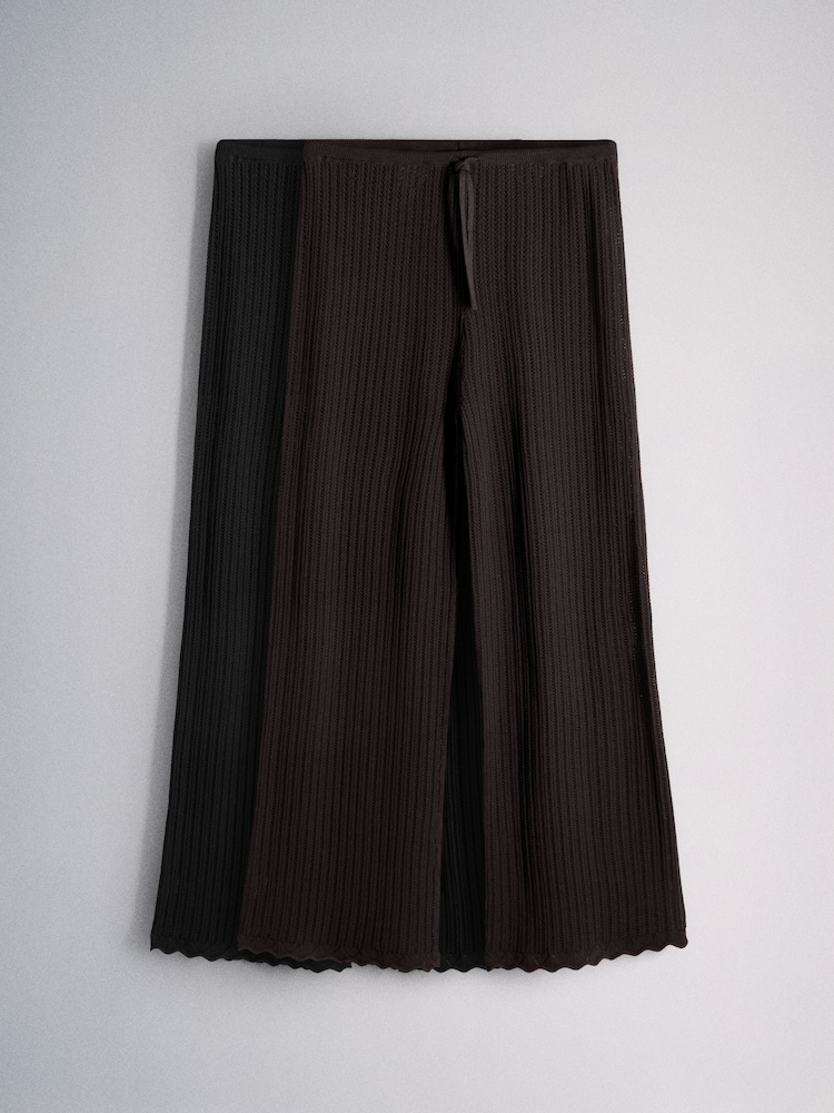 The Set 2 Pack Knitted Tie Waist Trousers Black/Chocolate Brown - Image 2 of 6