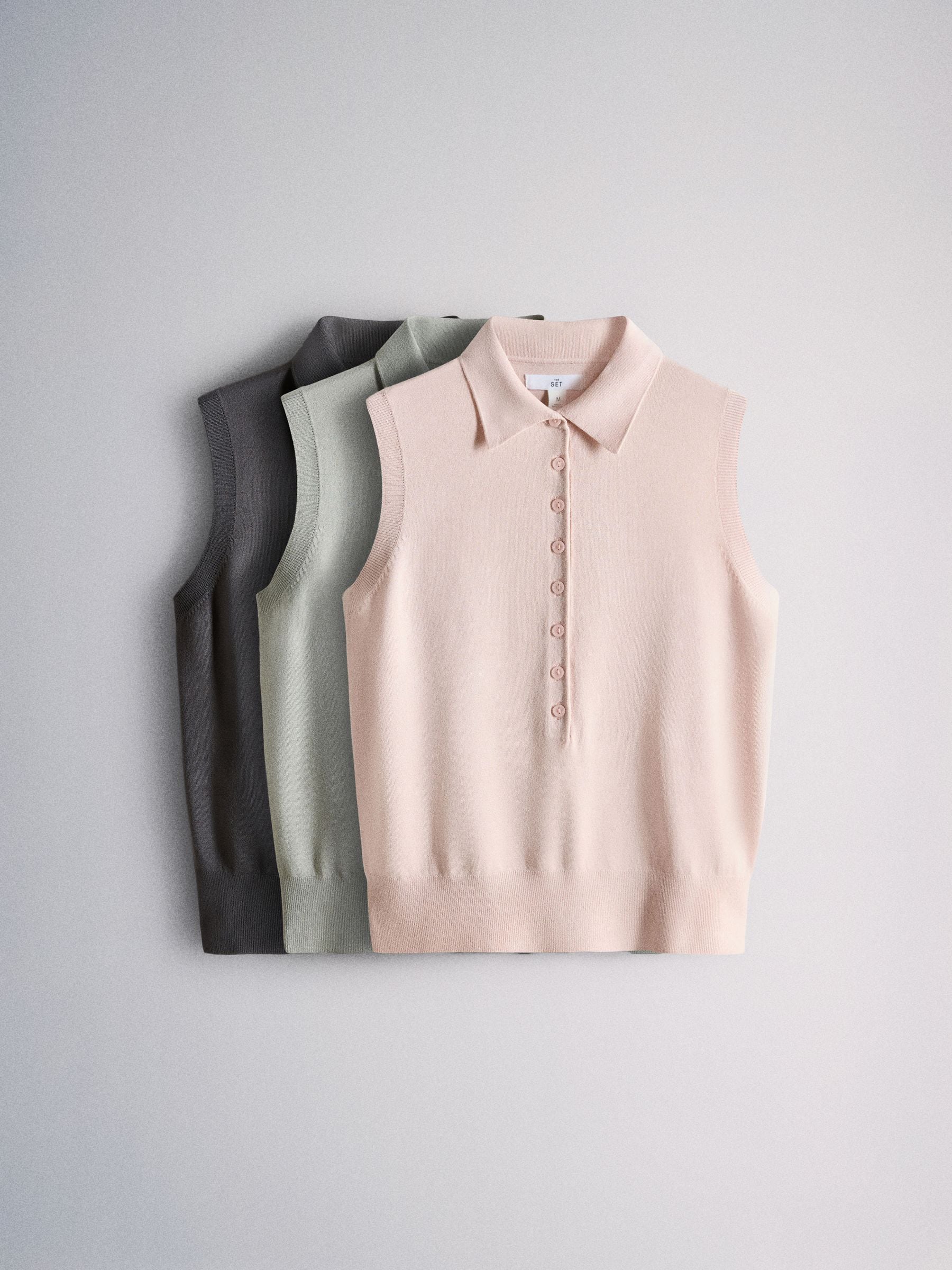 The Set 3 Pack Fine Knit Sleeveless Polo Shirts Pink/Light Grey/Charcoal Grey