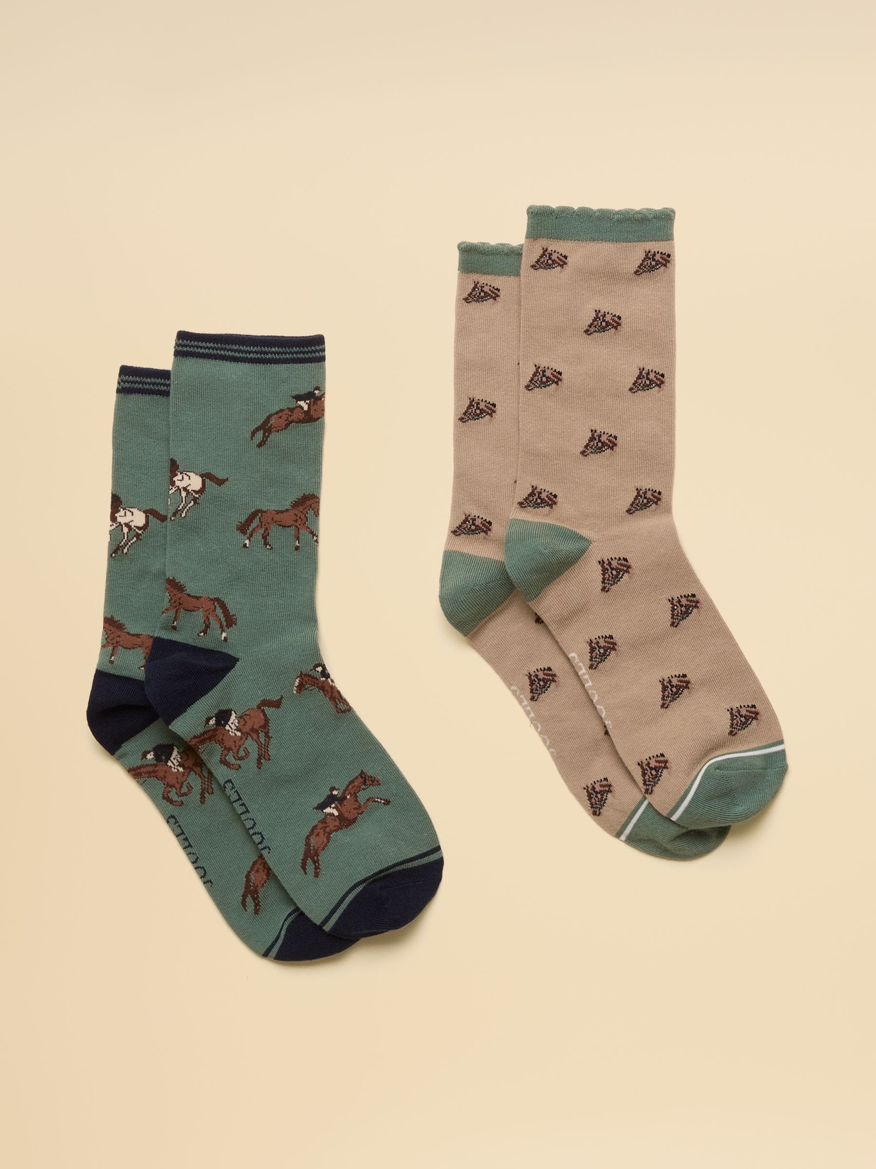 Joules Women's Everyday Cotton Blend Socks 2 Pack (-8) Green & Neutral Horse One