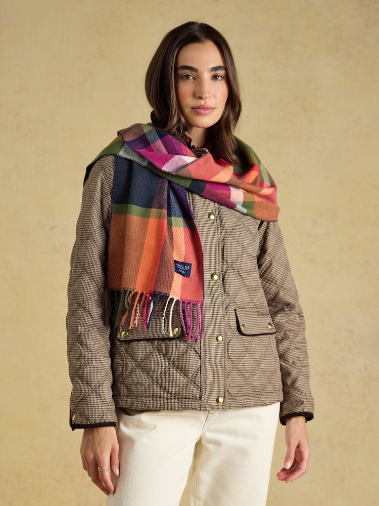 Joules Langtree Khaki & Orange Check Scarf - Image 2 of 9 Joules Langtree Khaki & Orange Check Scarf - Image 2 of 9