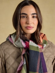 Joules Langtree Khaki & Orange Check Scarf - Image 5 of 9