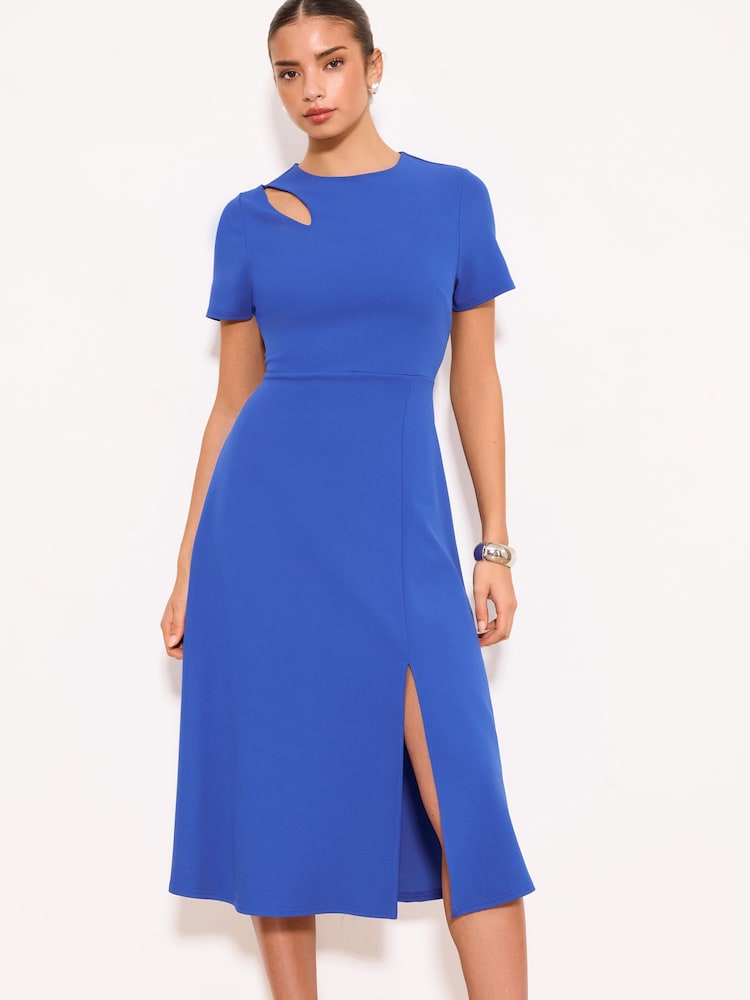 Lipsy Cobalt Blue Slit Shoulder Bodycon Midi Dress - Image 1 of 4