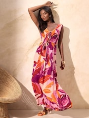 Lipsy Purple Orange Mixed Print Crinkle Maxi Dress - Image 1 of 4