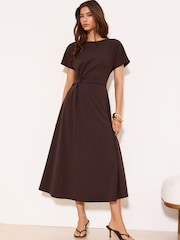 Lipsy Brown Knot Side Midi Dress - Image 1 of 4