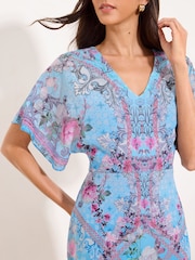 Lipsy Blue Petite V-Neck Floral Fit And Flare High Low Midi Dress - Image 2 of 5