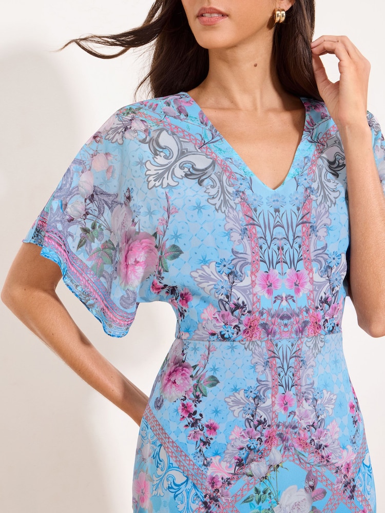 Lipsy Blue Petite V-Neck Floral Fit And Flare High Low Midi Dress - Image 2 of 5 Lipsy Blue Petite V-Neck Floral Fit And Flare High Low Midi Dress - Image 2 of 5