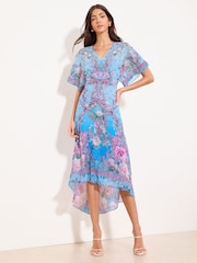 Lipsy Blue Petite V-Neck Floral Fit And Flare High Low Midi Dress - Image 3 of 5