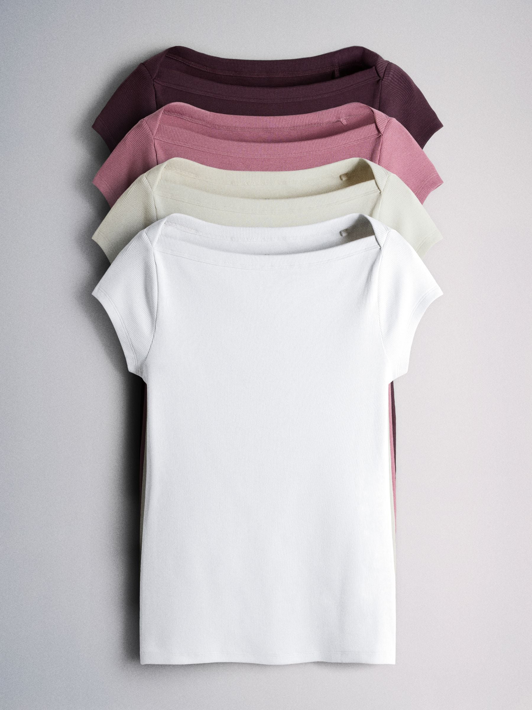 Buy The Set 4 Pack Boat Neck Cap Sleeve Ribbed Tops Dark Pink/Plum