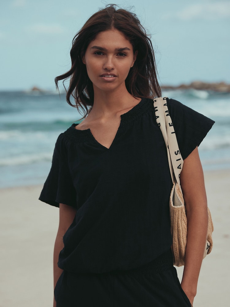 Black Short Sleeve Notch Neck Shirred Bubblehem Top - Image 1 of 8 Black Short Sleeve Notch Neck Shirred Bubblehem Top - Image 1 of 8