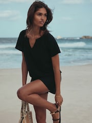 Black Short Sleeve Notch Neck Shirred Bubblehem Top - Image 2 of 8