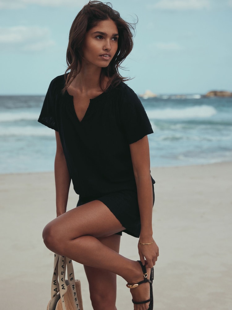Black Short Sleeve Notch Neck Shirred Bubblehem Top - Image 2 of 8 Black Short Sleeve Notch Neck Shirred Bubblehem Top - Image 2 of 8