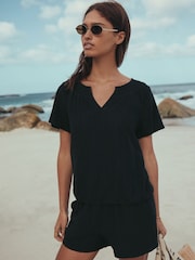 Black Short Sleeve Notch Neck Shirred Bubblehem Top - Image 3 of 8