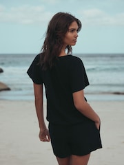 Black Short Sleeve Notch Neck Shirred Bubblehem Top - Image 4 of 8