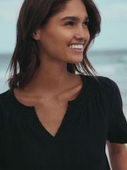 Black Short Sleeve Notch Neck Shirred Bubblehem Top - Image 5 of 8