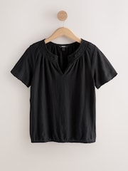 Black Short Sleeve Notch Neck Shirred Bubblehem Top - Image 6 of 8