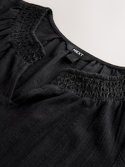 Black Short Sleeve Notch Neck Shirred Bubblehem Top - Image 7 of 8