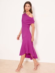 Lipsy Magenta Pink Petite Drape One Shoulder Fit And Flare Midi Dress - Image 1 of 5