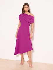 Lipsy Magenta Pink Petite Drape One Shoulder Fit And Flare Midi Dress - Image 3 of 5