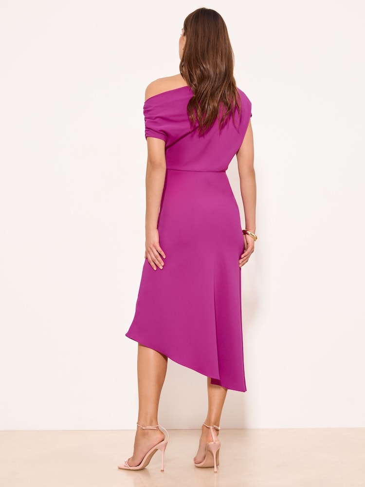 Lipsy Magenta Pink Petite Drape One Shoulder Fit And Flare Midi Dress - Image 5 of 5