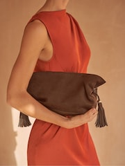 Friends Like These Chocolate Brown Faux Suede Medium Tassel Scrunch Clutch Bag - Image 1 of 7