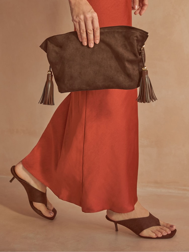 Friends Like These Chocolate Brown Faux Suede Medium Tassel Scrunch Clutch Bag - Image 2 of 7