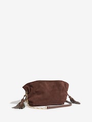 Friends Like These Chocolate Brown Faux Suede Medium Tassel Scrunch Clutch Bag - Image 4 of 7